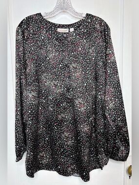 Belle Kim Gravel Black Satin Ditsy Floral Print Popover  Blouse Sz 1X